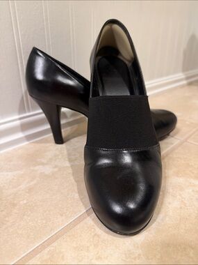 Alex Marie Black Leather Slip-On Heels with Elastic Vamp